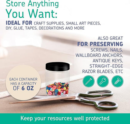 Plastic Containers with Water-Tight Black Lids (6 oz, 24 Pack) - Clear Plastic Food Storage Jars with Labels and White Marker - Great for your slime kit or any type of storage - BPA Free