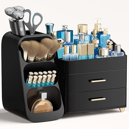 HBlife Makeup Organizer with Brush Holder for Vanity, Large Plastic Bathroom Countertop Organizer Skin Care Storage, Easy to Store Lipsticks, Nail Polishes, Perfumes, Eyeshadow Palettes, All Black