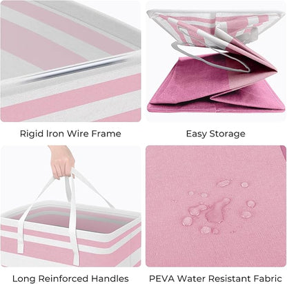 HomeHacks 2 Pack Large Laundry Baskets, Waterproof, Freestanding Laundry Hampers, Collapsible Clothes Hamper with Reinforced Handles in Laundry, College Dorm, Bathroom, Bedroom (Pink, 88Lx2)