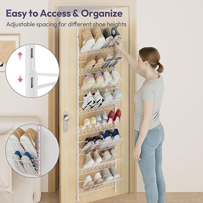 SWTYMIKI Over the Door Shoe Organizer - Adjustable 8 Tier Hanging Shoe Rack Organizer, Metal Heavy Duty Behind Door Storage or Wall Mount Shoes Shelf for Flats, Heels, Sneakers, Boots, White