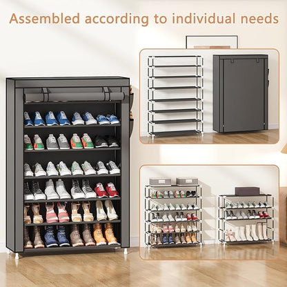 Laiensia 7-Tier Vertical Shoe Rack Organizer, Space Saving Shoe Storage Organizer, Non-Woven Cover Shoe Shelf Holds 28-35Pairs for Bedroom, Hallway, Closet Entryway, Black