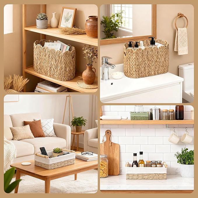 Toilet Paper Basket, 2 Packs Toilet Paper Storage Basket, Hand-Woven Wicker Bathroom Basket Organizer and Storage, Natural Water Hyacinth Slim Scalloped Basket Magazine Baskets