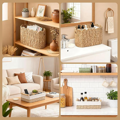 Toilet Paper Basket, 2 Packs Toilet Paper Storage Basket, Hand-Woven Wicker Bathroom Basket Organizer and Storage, Natural Water Hyacinth Slim Scalloped Basket Magazine Baskets