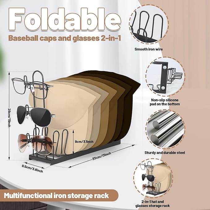 Hat & Sunglasses Organizer Rack, Foldable Storage Stand for 8 Baseball Caps & 3 Glasses – Space-Saving Hat Holder, Gift for Hat Lovers, Ideal for Closet, RV, Bedroom, or Vanity Table