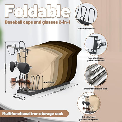 Hat & Sunglasses Organizer Rack, Foldable Storage Stand for 8 Baseball Caps & 3 Glasses – Space-Saving Hat Holder, Gift for Hat Lovers, Ideal for Closet, RV, Bedroom, or Vanity Table