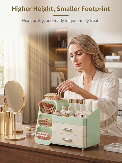 Booklov Makeup Organizer for Vanity, Large Capacity Cosmetic Display Case with Drawers, Countertop Beauty Storage Holder for Skincare, Brush Eyeliner Eyeshadow Lipsticks, Counter Desk, Cream Green