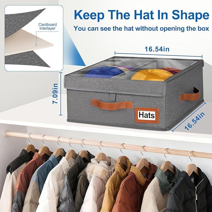 Dofilachy 2-in-1 Stackable Hat Storage for Baseball Caps with Clear Lid, Holds 28-32 Caps - Adjustable Space Hat Organizer for Baseball & Cowboy Hats, Closet Box for Men & Women (Deep Grey)