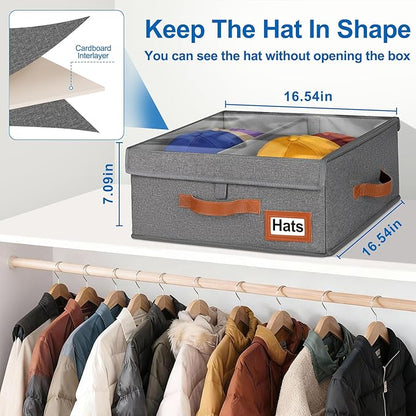 Dofilachy 2-in-1 Stackable Hat Storage for Baseball Caps with Clear Lid, Holds 28-32 Caps - Adjustable Space Hat Organizer for Baseball & Cowboy Hats, Closet Box for Men & Women (Deep Grey)