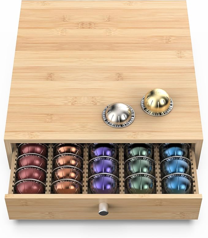 for Nespresso Vertuo Capsules (NV145) - Premium Bamboo Coffee Pod Drawer, 45 Big or 60 Small Vertuoline Pods Organizer - 13.25"Wx14"Dx3.9"H (Natural)