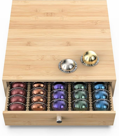 for Nespresso Vertuo Capsules (NV145) - Premium Bamboo Coffee Pod Drawer, 45 Big or 60 Small Vertuoline Pods Organizer - 13.25"Wx14"Dx3.9"H (Natural)