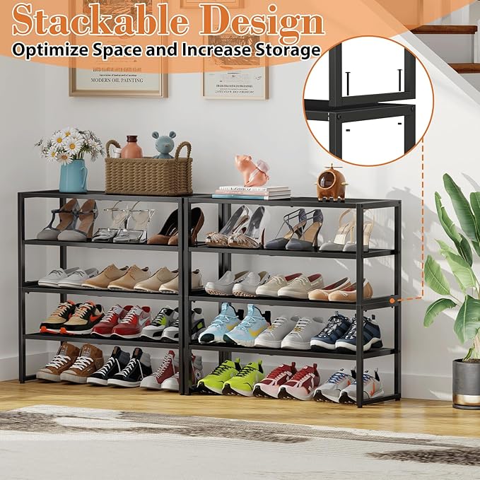 2 Tier Shoe Rack Organizer for Closet and Entryway, Expandable & Stackable Metal Shoe Storage Shelf, Adjustable Small Shoe Rack (17.52-28.74 in), Black