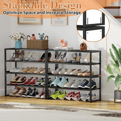 2 Tier Shoe Rack Organizer for Closet and Entryway, Expandable & Stackable Metal Shoe Storage Shelf, Adjustable Small Shoe Rack (17.52-28.74 in), Black