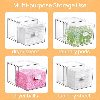 Vtopmart 2 Pack Dryer Sheet Holder and Laundry Pods Container,Clear Stackable Storage Drawers for Washing Powder, Scent Booster Beads, Color Catchers & Wool Balls, Ideal for Laundry Room Organization
