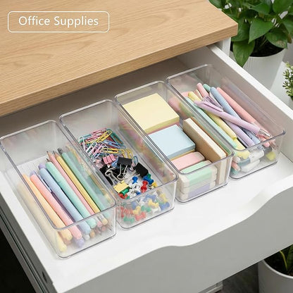 Qilinba 8 PACK Drawer Organizer Bins Bathroom Deep Drawer Silverware Organizers Clear Stackable Storage Bins for Vanity, Pantry, Office, Cabinet, Kitchen Counter Organization and Storage