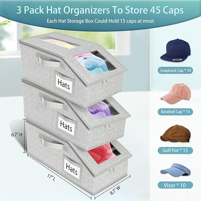 Stackable Hat Storage for Baseball Caps, 3 PCS Hat Storage Boxes for Closet, Holds up to 45 Caps with Cardboard, Hat Organizer for Women & Men(Two Clear Window) (Grey 3-pack)