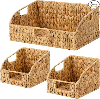 StorageWorks Water Hyacinth Pantry Storage Baskets, Wicker Baskets with Built-in Handles, Handwoven Shelf Baskets for Organizing, Pantry Organizers and Storage, 3 Pack
