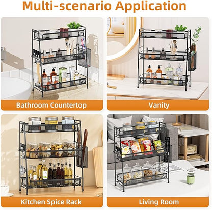 VITVITI 3-Tier Bathroom Organizer Countertop, Metal Wire Mesh Bathroom Counter Organizer Storage with Basket Hooks, Vanity Tray Shelf, Kitchen Spice Rack (Black)
