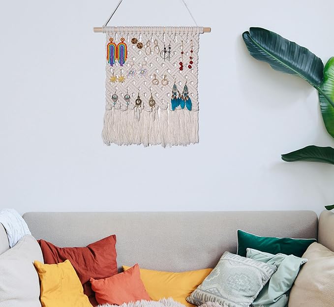 Macrame Necklace Holder Wall Mounted Jewelry Hanger Earring Holder Organizer Boho Decor Over Door Jewelry Display Necklace Rack for Necklaces Bracelets Earrings