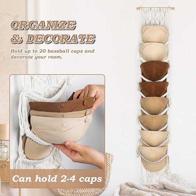 Macrame Hat Hangers for Wall Handmade Boho Baseball Cap Hanger Hand Knitting Cap Organizer Hat Holder for Wall Over Door Ball Hat Rack for Decoration Wardrobe Living Room Bedroom