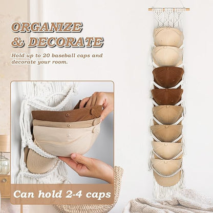 Macrame Hat Hangers for Wall Handmade Boho Baseball Cap Hanger Hand Knitting Cap Organizer Hat Holder for Wall Over Door Ball Hat Rack for Decoration Wardrobe Living Room Bedroom