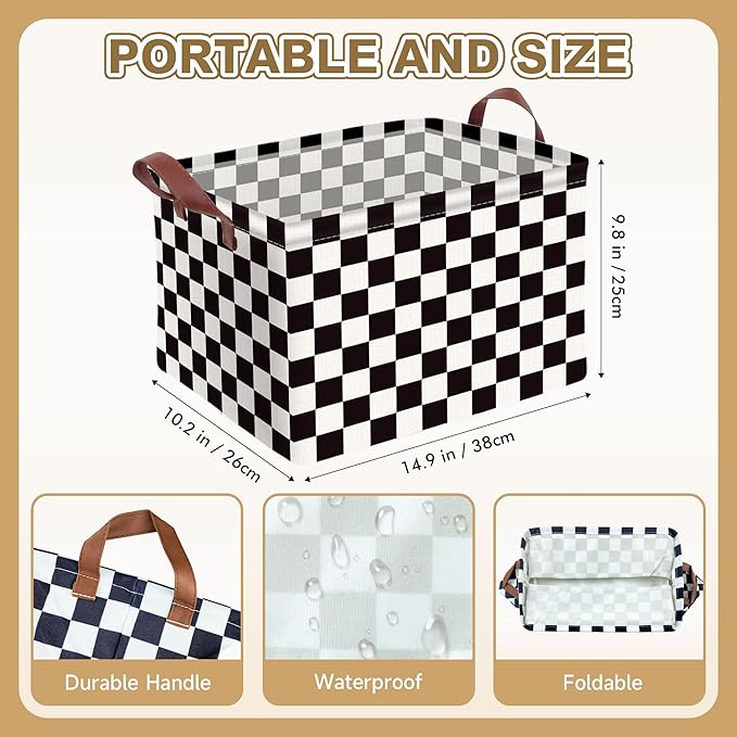 Checkered Storage Basket Waterproof Canvas Toy Storage Bin Race Car Room Decor Collapsible Outdoor Basket with Leather Handles Checkered Decor Car Blanket Baskets For Closets,Bedrooms,Gifts Baskets
