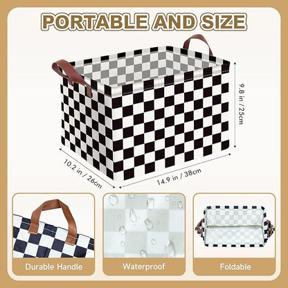 Checkered Storage Basket Waterproof Canvas Toy Storage Bin Race Car Room Decor Collapsible Outdoor Basket with Leather Handles Checkered Decor Car Blanket Baskets For Closets,Bedrooms,Gifts Baskets