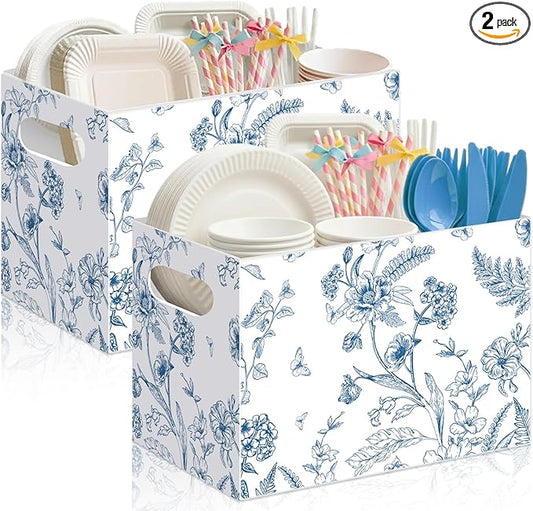 Sliner 2 Pcs Blue and White Floral Utensil Holder Paper Utensil Caddy for Wedding Bridal Shower Party Supplies Cutlery Holder with Handles Disposable Flower Butterfly Cutlery Organizer Snack Box Favor