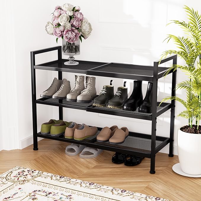 3 Tier Shoe Rack, Expandable Shoe Rack for Closet, Adjustable Shoe Organizer for Entryway, Shoe Storage Organizer for Door Entrance, Garage, Bedroom