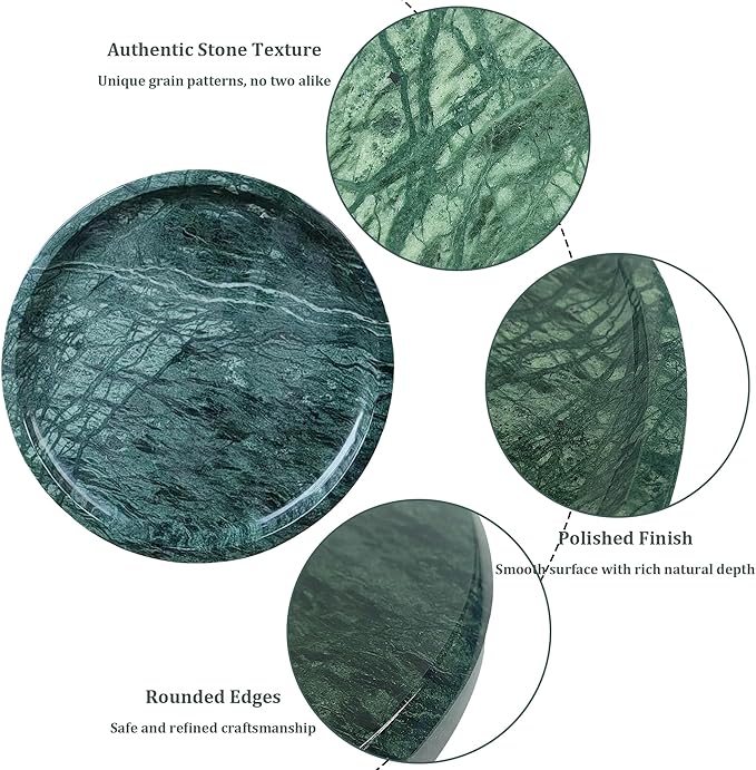 Round Marble Vanity Tray - Diameter 7.87" Natural Green Stone Tray for Bathroom Perfume Jewelry Makeup - Decorative Marble Catchall Dish for Vanity Countertop Organizer