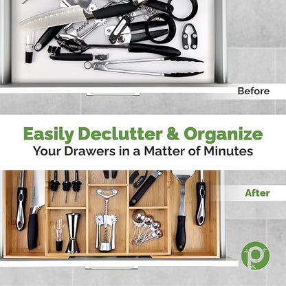 Pristine Bamboo Expandable Drawer Organizers for Kitchen - Extra Deep Non-Slip 17” x 14.6” (expands up to 25 inches) - Dark Wooden Silverware Divider (10 Compartments) – Organize Cooking Utensils