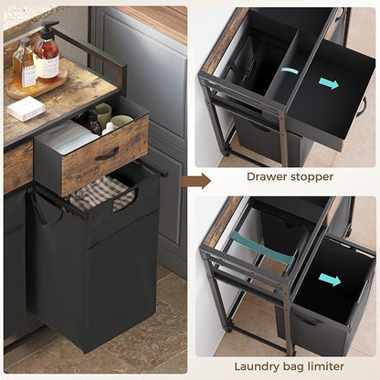 Mondeer Laundry Sorter with 2 Drawers, 100L with Pull-Out Removable Laundry Bags, Laundry Hamper Baskets with 2 Section and Wheels, Rustic Brown and Black