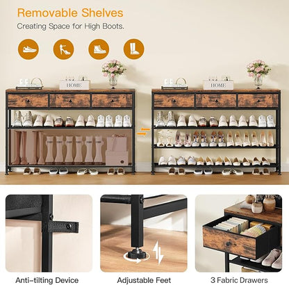 usikey 4 Tier Shoe Rack with 3 Drawers & 3 Oxford Fabric Shelves, Holds 15-18 Pairs, Metal Shoe Storage with Wood Top, Shoe Organizer for Entryway, Closet, Apartment, Rustic Brown UNYXJX022F