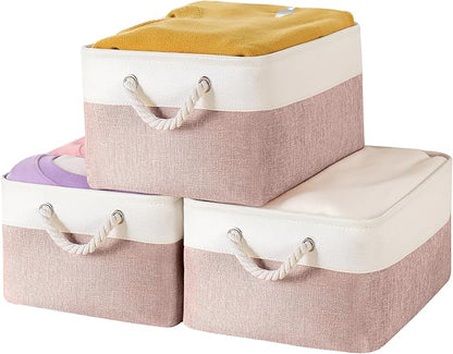 Storage Bins with Sturdy Cotton Handles(3 Pack), Fabric Storage Baskets for Organizing use for Office & Home, Book, Clothes, Toys, Closet Boxes (Large, Pink-White, 15.7x11.8x7.9 inches)