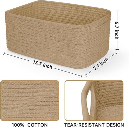 3-Pack Storage Baskets for Organizing | Woven Shelf Toy Basket | Rope Baskets for Gifts Empty | Closet Organizer Bins with Handles | Cube Decorative Box | 13.7×7.1×6.7” | Brown