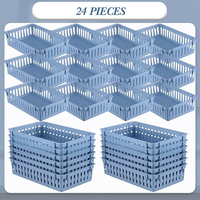Wenqik 24 Pcs Plastic Storage Baskets for Classroom Organizing Small Pantry Storage Bins Rectangular Tray for Back to School Household Toys Classroom Bedrooms, Kitchens Countertops(Haze Blue)