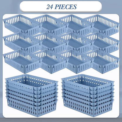 Wenqik 24 Pcs Plastic Storage Baskets for Classroom Organizing Small Pantry Storage Bins Rectangular Tray for Back to School Household Toys Classroom Bedrooms, Kitchens Countertops(Haze Blue)