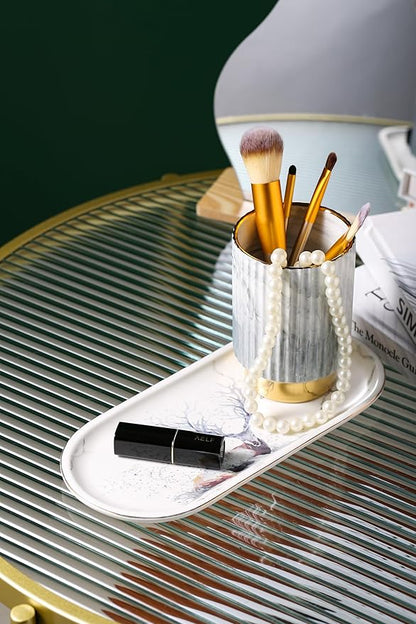 IEEK Makeup Brush Holder Organizer Pen Pencil Cup Glass Make Up Brushes and Toothbrush Organizer for Bathroom Vanity Desktop European Style Striped Brushes Container,Grey and Gold
