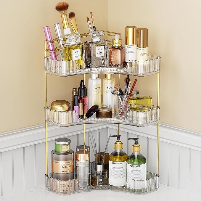 EUHOME 3-Tier Corner Bathroom Counter Organizer Makeup Cosmetic Storage, Tool-Free Installation Acrylic Vanity Shelf, Countertop Storage Organizers Perfume Tray for Bathroom, Dresser, Kitchen (Clear)