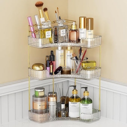 EUHOME 3-Tier Corner Bathroom Counter Organizer Makeup Cosmetic Storage, Tool-Free Installation Acrylic Vanity Shelf, Countertop Storage Organizers Perfume Tray for Bathroom, Dresser, Kitchen (Clear)