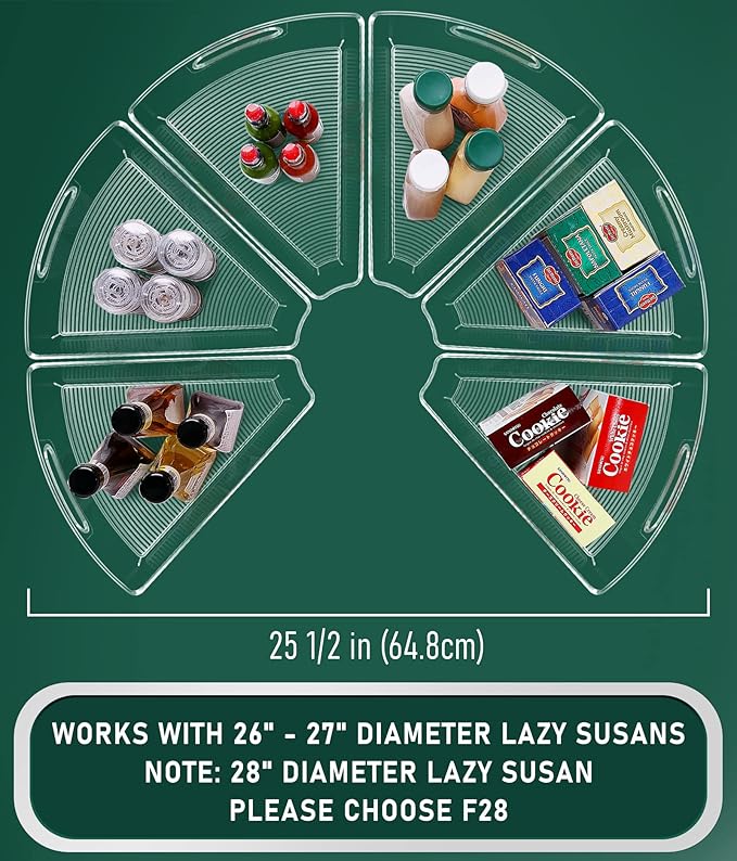 JEISSLIA Lazy Susan Cabinet Organizer Bins for 26"/ 28"/ 32" Diameter Corner Organizer, Plastic Cabinet Storage Bin, 1/8 Wedge - Food Safe, BPA Free, with Non-Slip Pads (for 32" Diameter, 6 Pack)