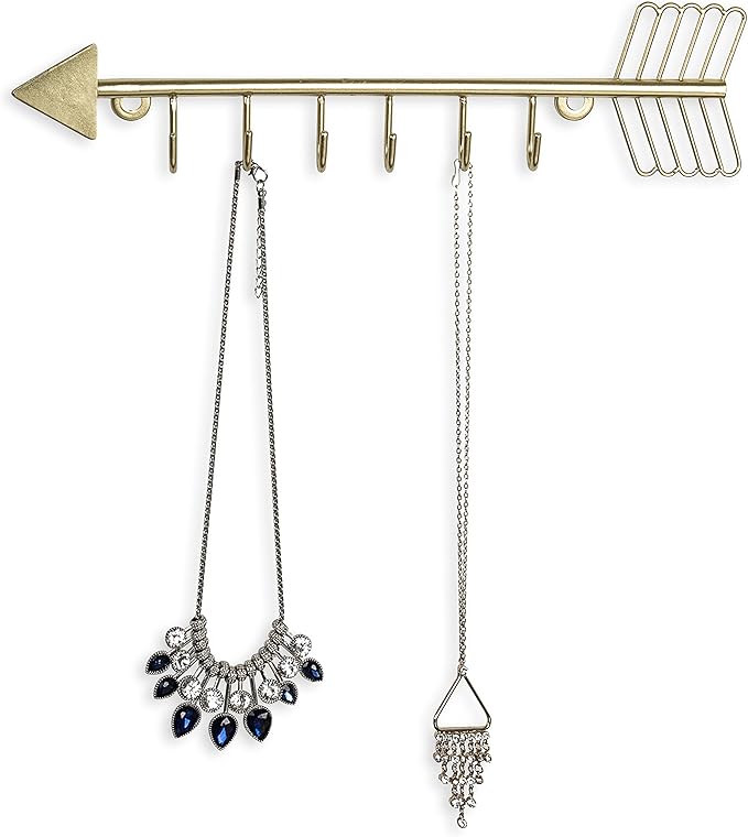 MyGift 12 Inch Wall Mounted Brass Tone Metal Arrow Shaped Jewelry Organizer, Hanging Accessories Storage Display Rack with 6 Hooks for Necklaces Bracelets Keys