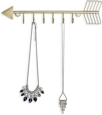 MyGift 12 Inch Wall Mounted Brass Tone Metal Arrow Shaped Jewelry Organizer, Hanging Accessories Storage Display Rack with 6 Hooks for Necklaces Bracelets Keys