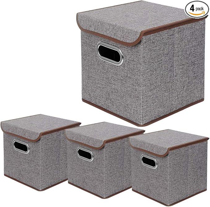 Storage Bin [Set of 4] Linen Fabric Foldable Container with Lid, Collapsible Organizer Boxes Cubes - 10 x 10 x 10 Inches (Gray)