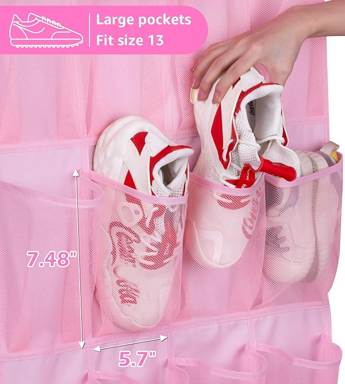 MISSLO Kids Over the Door Shoe Organizer Pink Hanging Shoe Rack Baby Toddler Hanging Shoe Organizer Cute Shoe Holder Girl Room Decor 28 Pockets