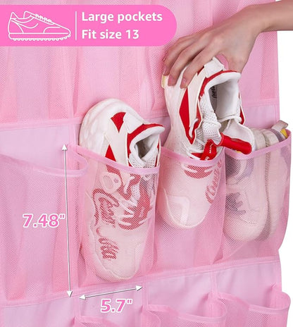 MISSLO Kids Over the Door Shoe Organizer Pink Hanging Shoe Rack Baby Toddler Hanging Shoe Organizer Cute Shoe Holder Girl Room Decor 28 Pockets