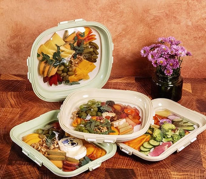 Crudités | Portable Snack Tray | Rectangle 2-Pack | Cream White | Reversible Stretch Lid Food Containers | BPA-Free, Freezer & Dishwasher Safe | Meal-Prep, Charcuterie, Salads, Picnic, Travel