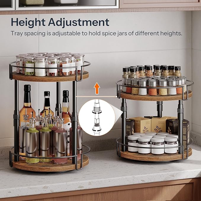 HOOBRO Lazy Susan Organizer Spice Rack, 2-Tier Height Adjustable Rotating Spice Organizer, for Kitchen Countertop and Cabinet, Rustic Brown BF05TL01