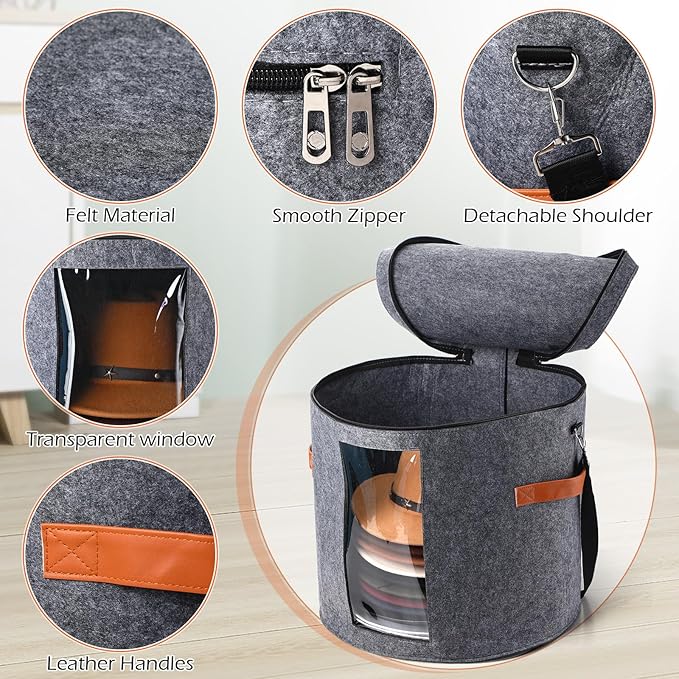 Suzile 4 Pcs Hat Boxes Oversized Round Cowboy Hat Storage Box for Women Men 19" x 17" Cowboy Large Felt Organizer Bag Baseball Cap Container with Dustproof Lid for Clothes Case Travel Gift(Gray)