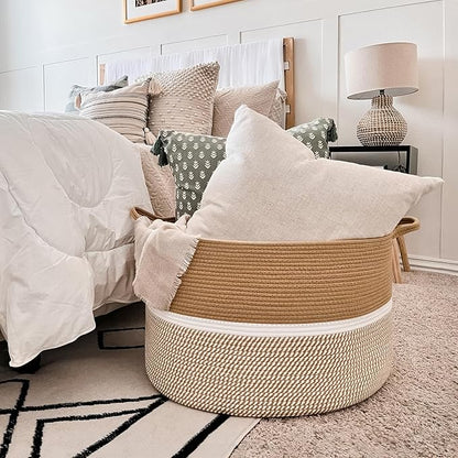 CHICVITA XXL Extra Large Cotton Rope Woven Basket with Handles, Throw Blanket Storage Basket, Decorative Clothes Hamper - 22" x 22" x 14", Brown&White