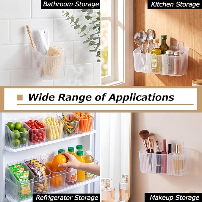 14 Pack Cabinet Door Organizer Adhesive Wall Mount Storage Bins Clear Makeup Containers Stackable Organizer Basket for Kitchen Cabinets, Bathroom, Pantry, Office, Refrigerator, Tabletop